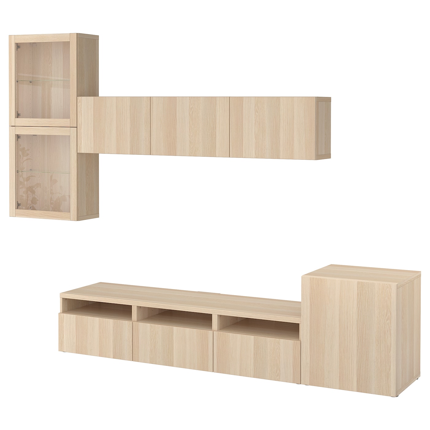 IKEA BESTÅ kombinacja na TV/szklane drzwi, imitacja dębu bejcowanego na biało/Lappviken dąb bejcowany biało szk bezbarwne, 300x42x211 cm