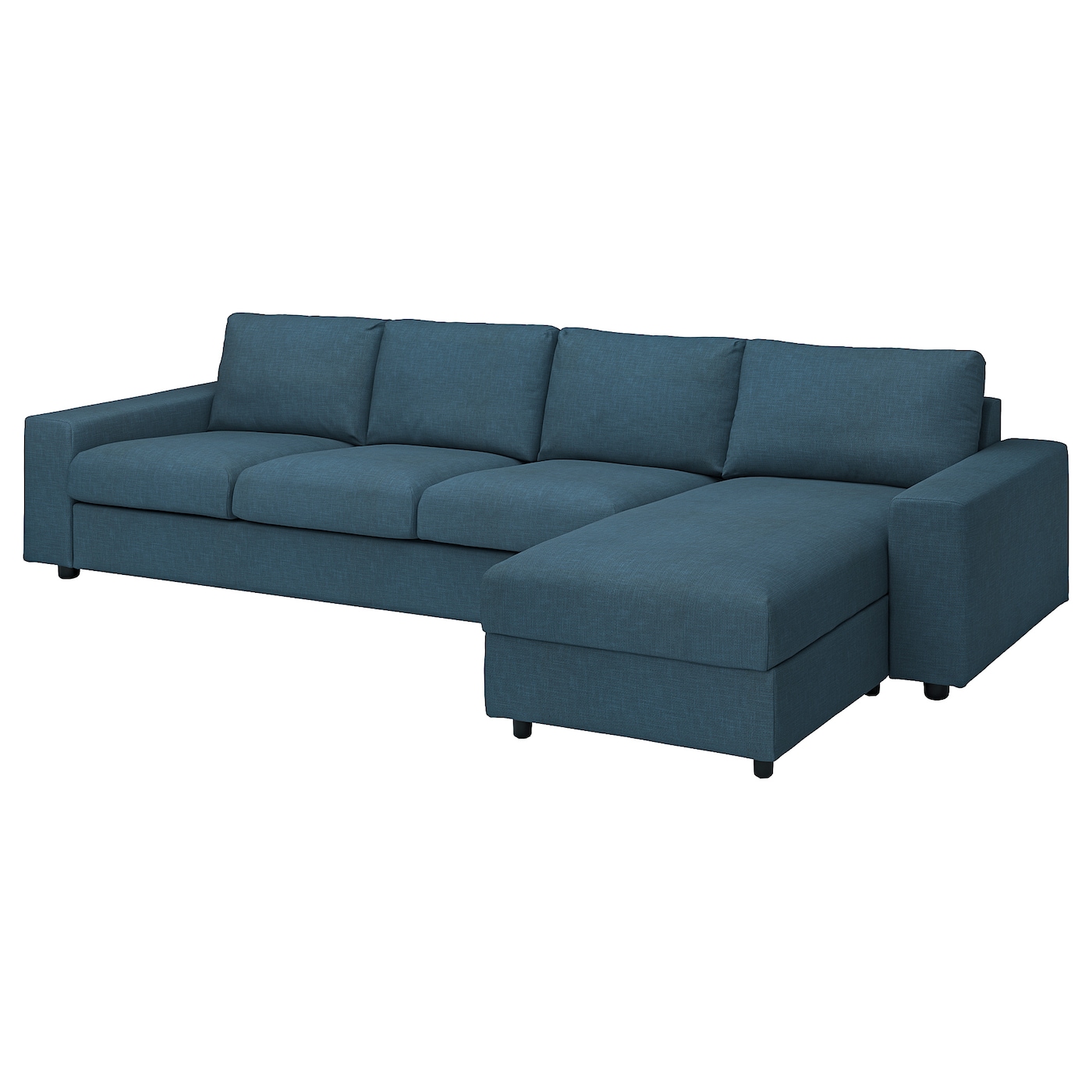 IKEA VIMLE sofa 4-osobowa z szezlongiem, z szerokimi podłokietnikami/Hillared granatowy, Wysokość z poduchami oparcia: 83 cm