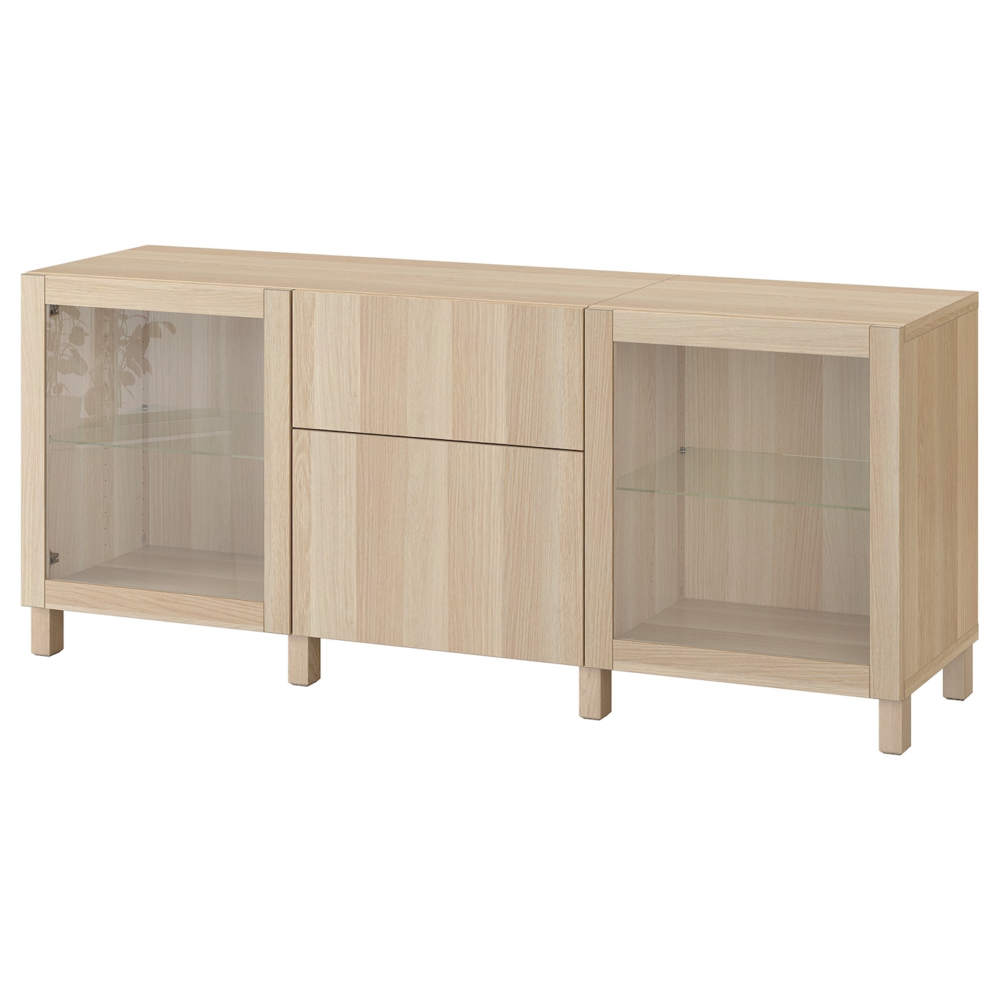 IKEA BESTÅ kombinacja z szufladami, imitacja dębu bejcowanego na biało Lappviken/Sindvik/Stubbarp dąb bejcowany biało szk bezbarwne, 180x42x74 cm