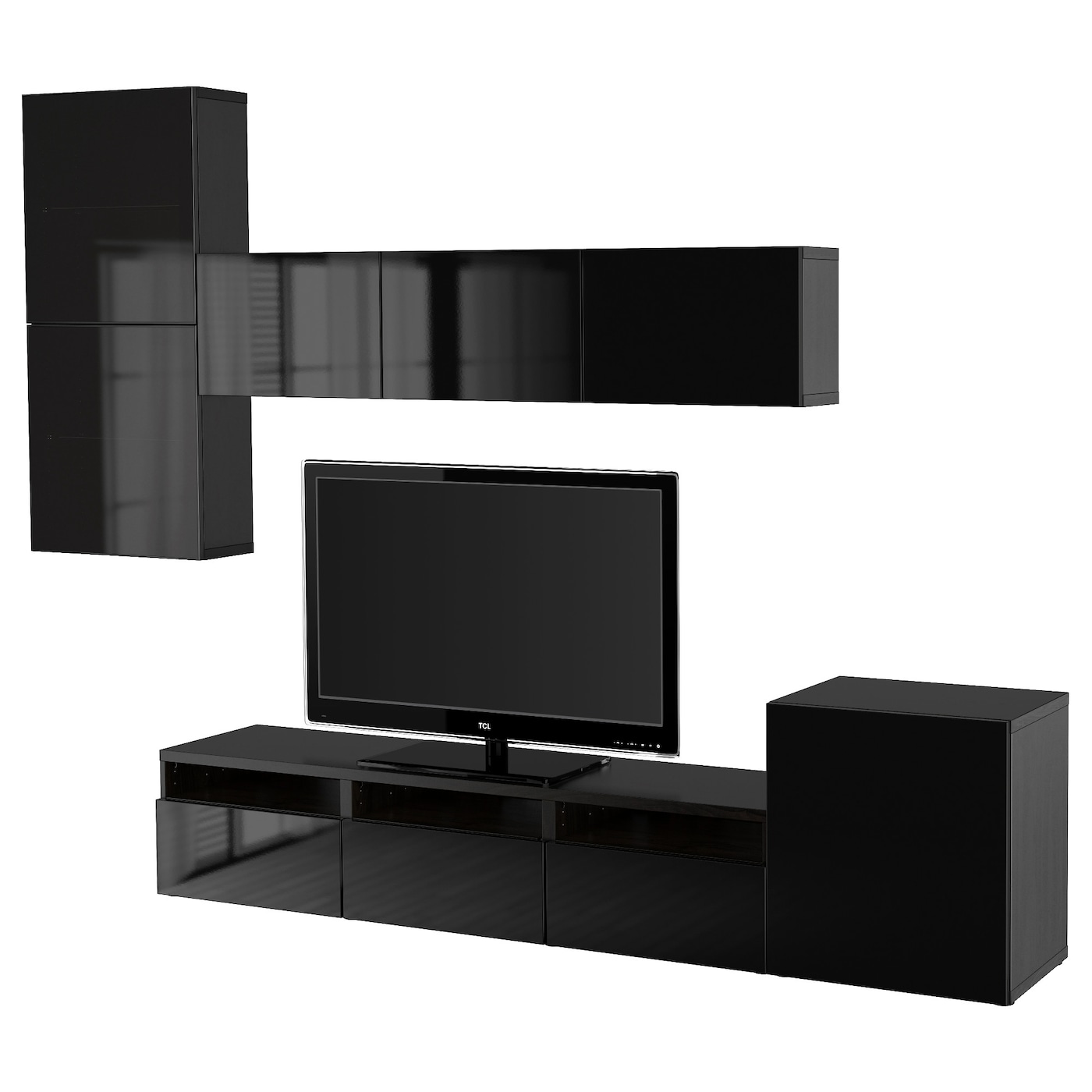 IKEA BESTÅ kombinacja na TV/szklane drzwi, czarnybrąz/Selsviken wysoki połysk/czarny dymione szkło, 300x42x211 cm