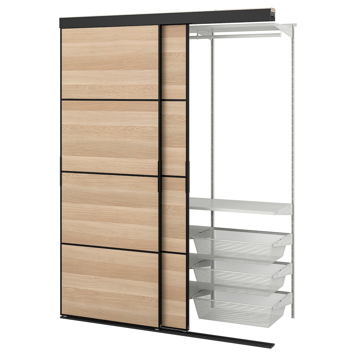 IKEA SKYTTA / BOAXEL szafa z drzwiami przesuwnymi, czarny 2str/Mehamn imitacja dębu bejcowanego na biało, 152x65x205 cm