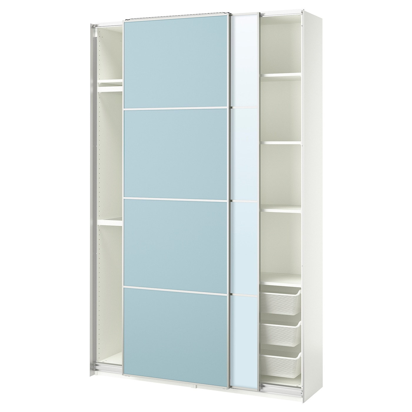 IKEA PAX / MEHAMN/AULI szafa z przesuwanymi drzwiami, biały 2str/jasnoniebieski lustro, 150x43x236 cm
