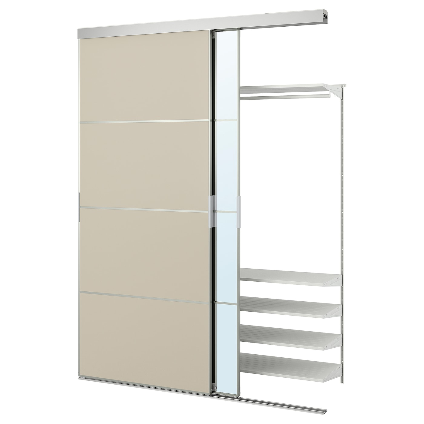 IKEA SKYTTA / BOAXEL szafa z drzwiami przesuwnymi, aluminium Mehamn/Auli/szarobeżowy lustro, 177x65x240 cm