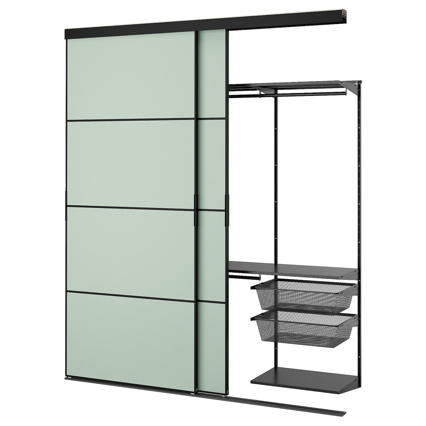 IKEA SKYTTA / BOAXEL szafa z drzwiami przesuwnymi, czarny metal/Mehamn jasnozielony, 202x65x240 cm