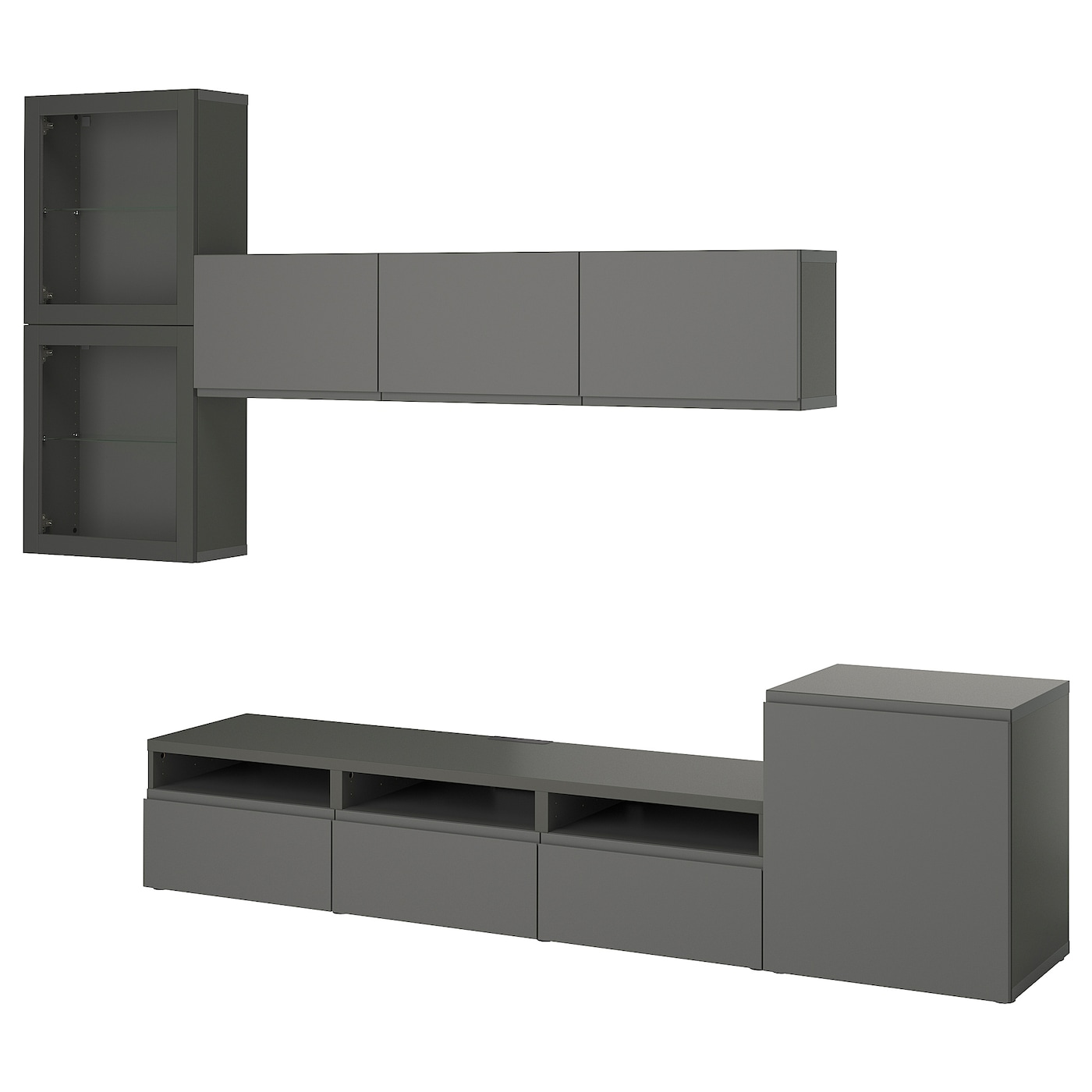 IKEA BESTÅ kombinacja na TV/szklane drzwi, ciemnoszary Västerviken/Sindvik ciemnoszary, 300x42x211 cm