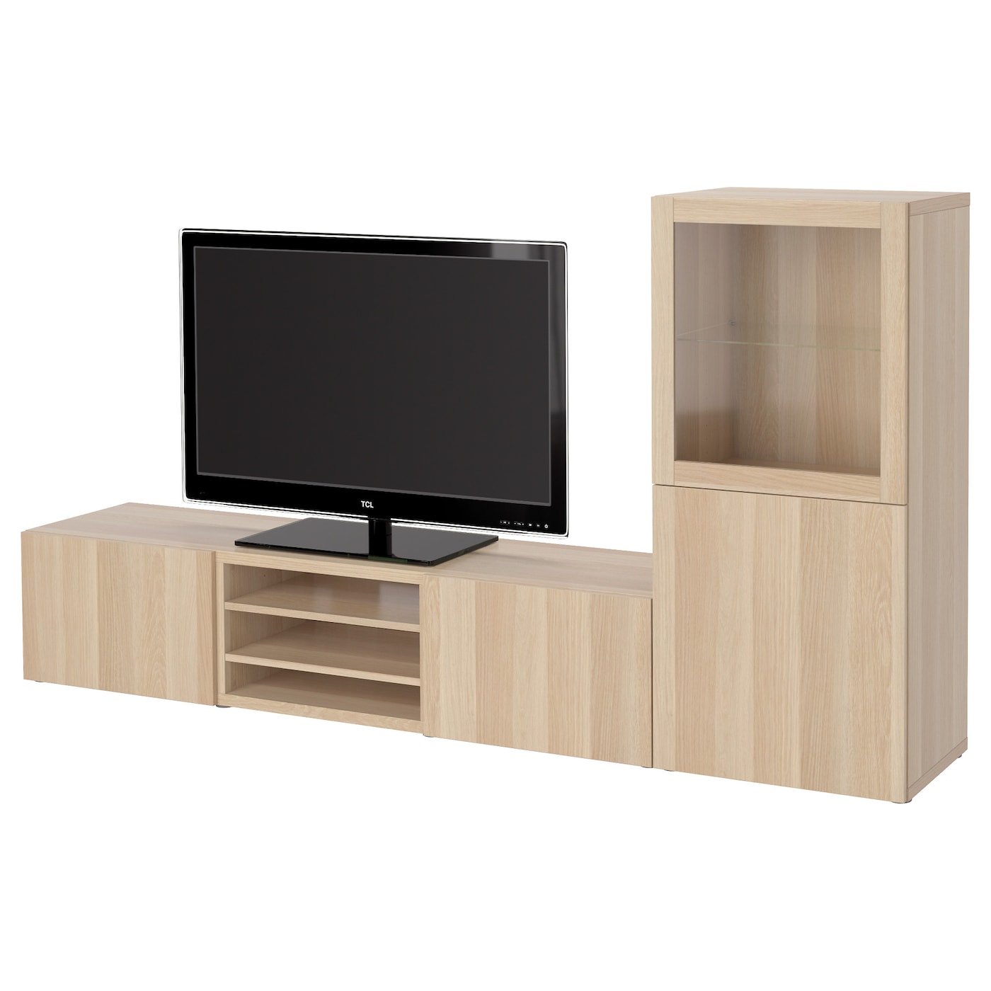 IKEA BESTÅ kombinacja na TV/szklane drzwi, imitacja dębu bejcowanego na biało/Lappviken dąb bejcowany biało szk bezbarwne, 240x42x129 cm