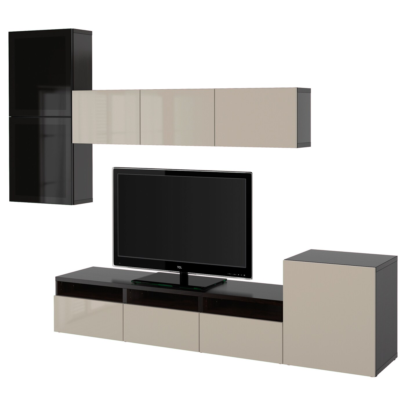 IKEA BESTÅ kombinacja na TV/szklane drzwi, czarnybrąz/Selsviken wysoki połysk/beż przydymione szkło, 300x42x211 cm
