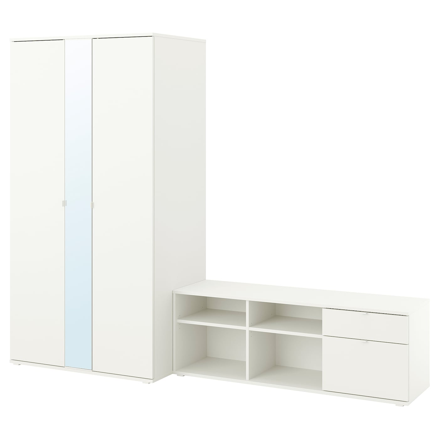 IKEA VIHALS kombinacja szafa/ława, biały/lustro, 251x57x200 cm