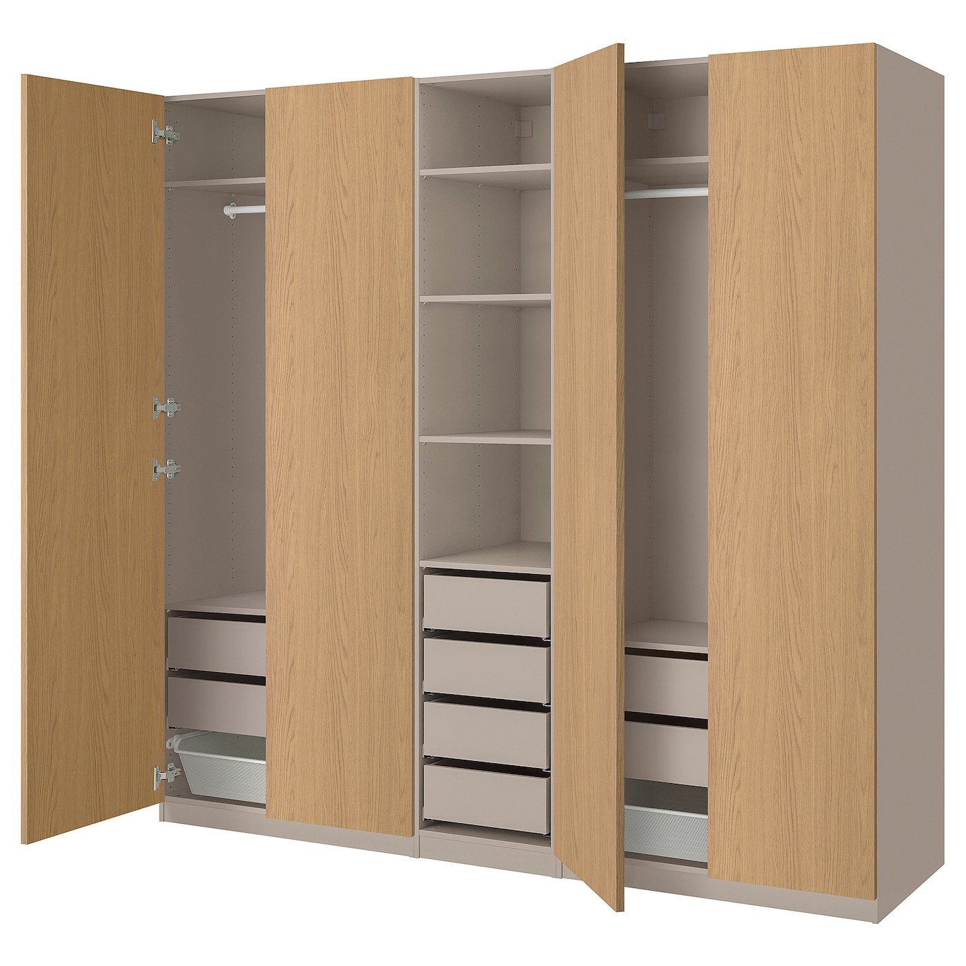 IKEA PAX / STORKLINTA kombinacja szafy, szarobeżowy/imit. dębu, 250x58x236 cm