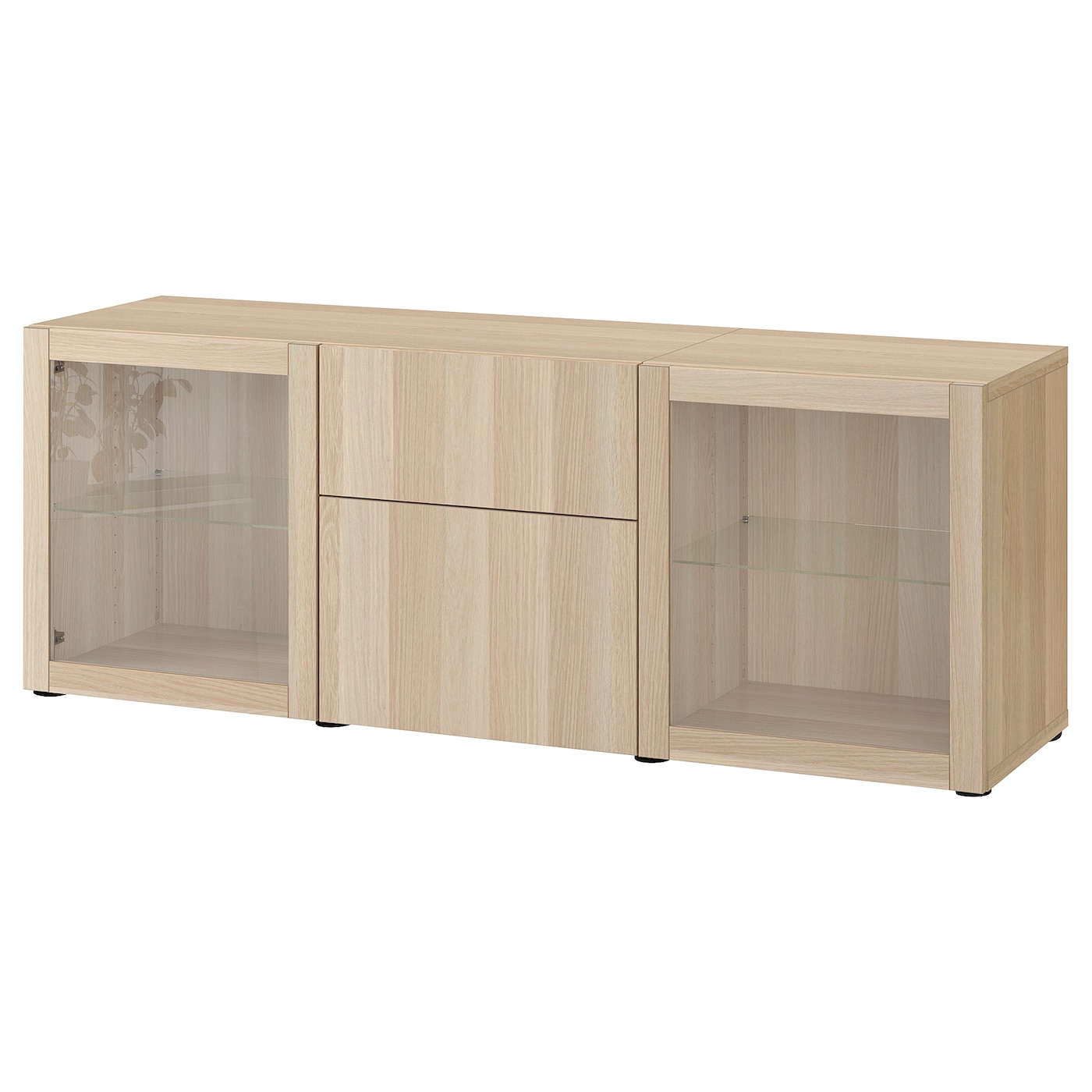 IKEA BESTÅ kombinacja z szufladami, imitacja dębu bejcowanego na biało Lappviken/Sindvik dąb bejcowany biało szk bezbarwne, 180x42x65 cm