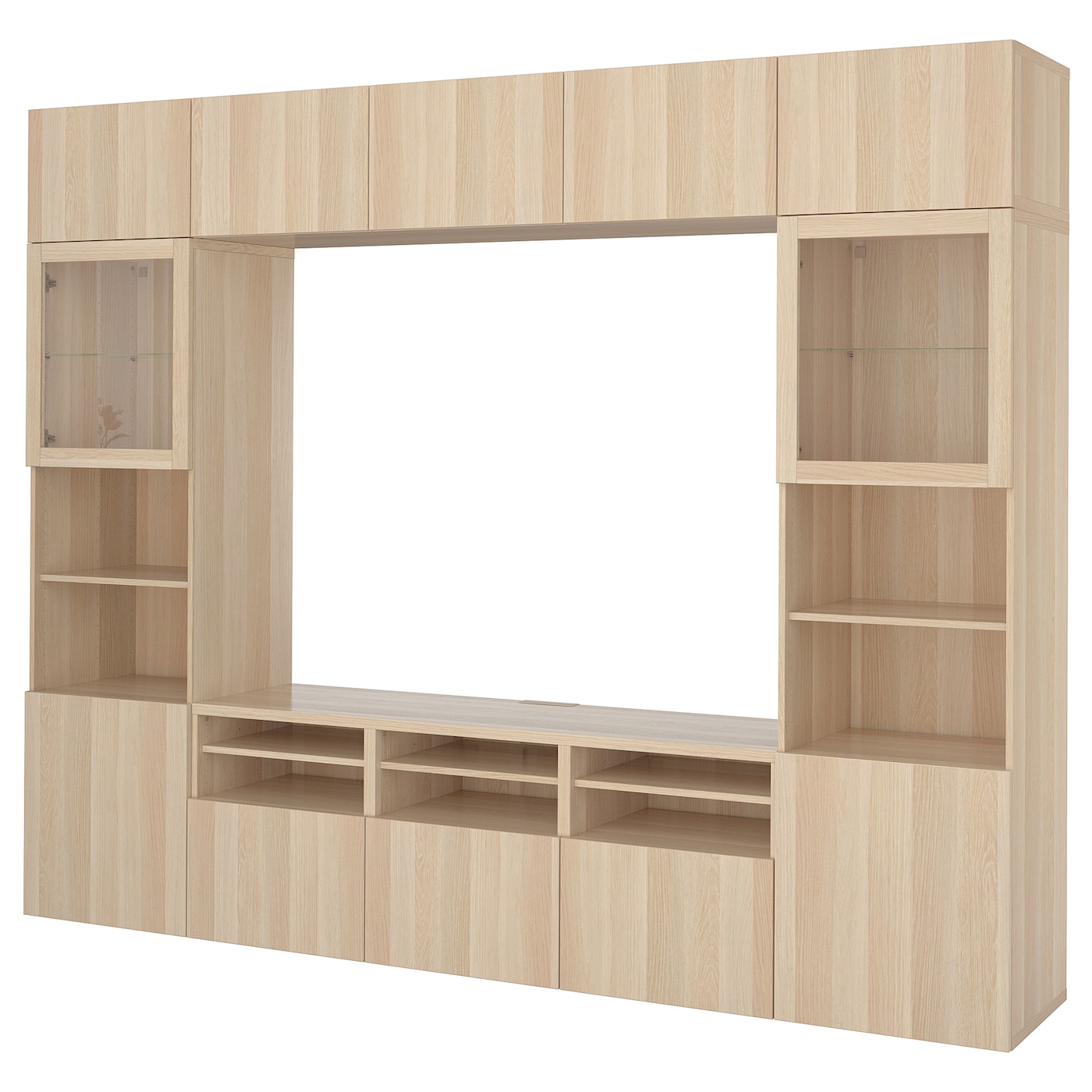 IKEA BESTÅ kombinacja na TV/szklane drzwi, imitacja dębu bejcowanego na biało/Lappviken dąb bejcowany biało szk bezbarwne, 300x42x231 cm