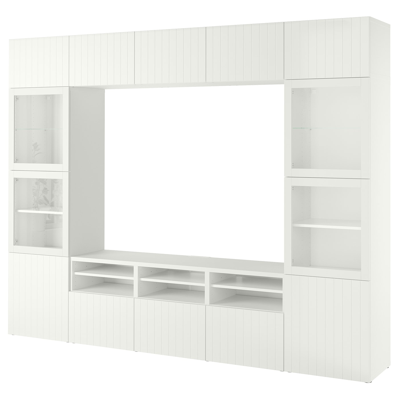 IKEA BESTÅ kombinacja na TV/szklane drzwi, biały Sutterviken/Sindvik białe szkło przezroczyste, 300x42x231 cm
