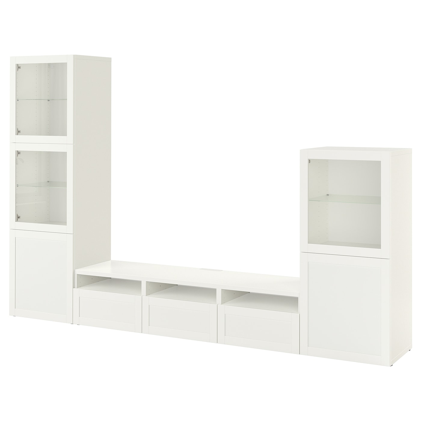 IKEA BESTÅ kombinacja na TV/szklane drzwi, biały/Hanviken białe szkło przezroczyste, 300x42x193 cm