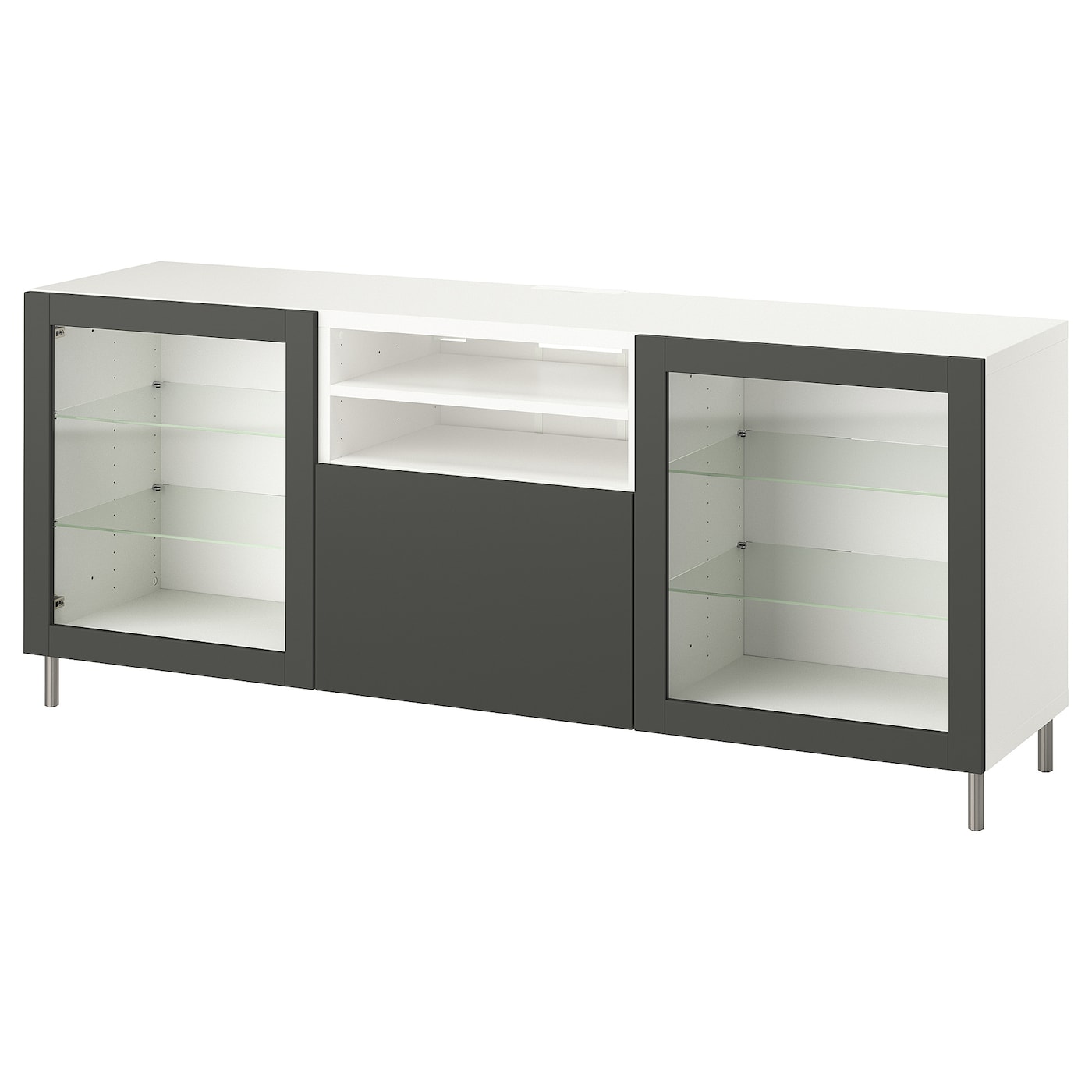IKEA BESTÅ ława TV z szufladami, biały Sindvik/Lappviken/Stubbarp ciemnoszary, 180x42x74 cm