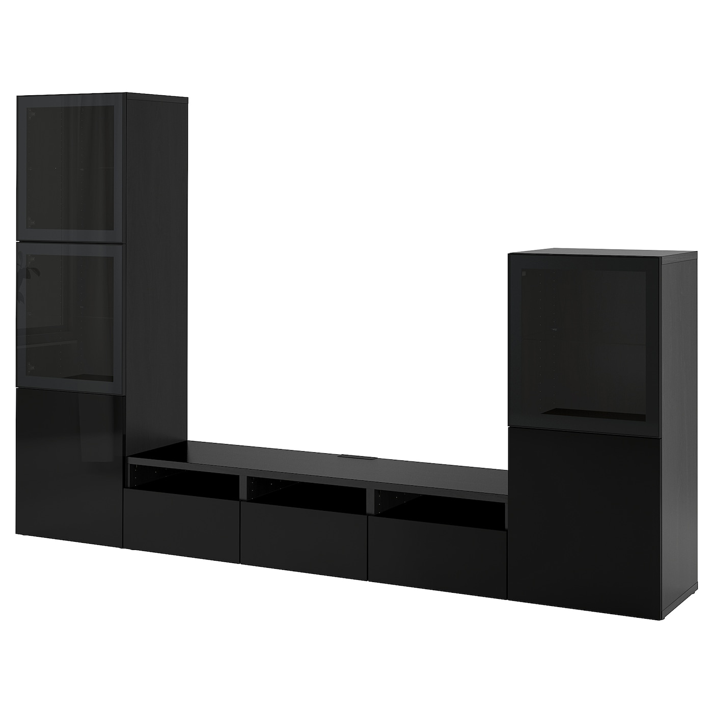 IKEA BESTÅ kombinacja na TV/szklane drzwi, czarnybrąz/Selsviken wysoki połysk/czarny dymione szkło, 300x42x193 cm