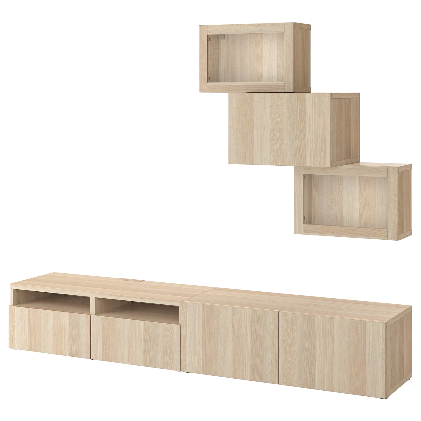 IKEA BESTÅ kombinacja na TV/szklane drzwi, imitacja dębu bejcowanego na biało/Lappviken dąb bejcowany biało szk bezbarwne, 240x42x190 cm