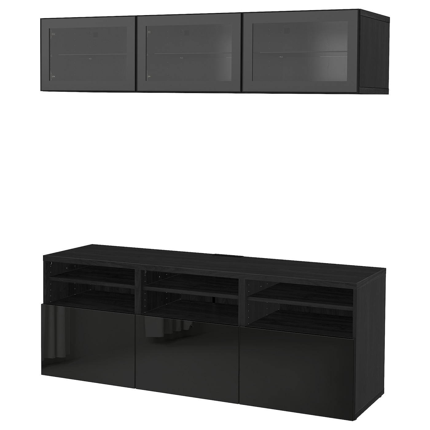 IKEA BESTÅ kombinacja na TV/szklane drzwi, czarnybrąz/Selsviken połysk/czarne przezroczyste szkło, 180x42x192 cm