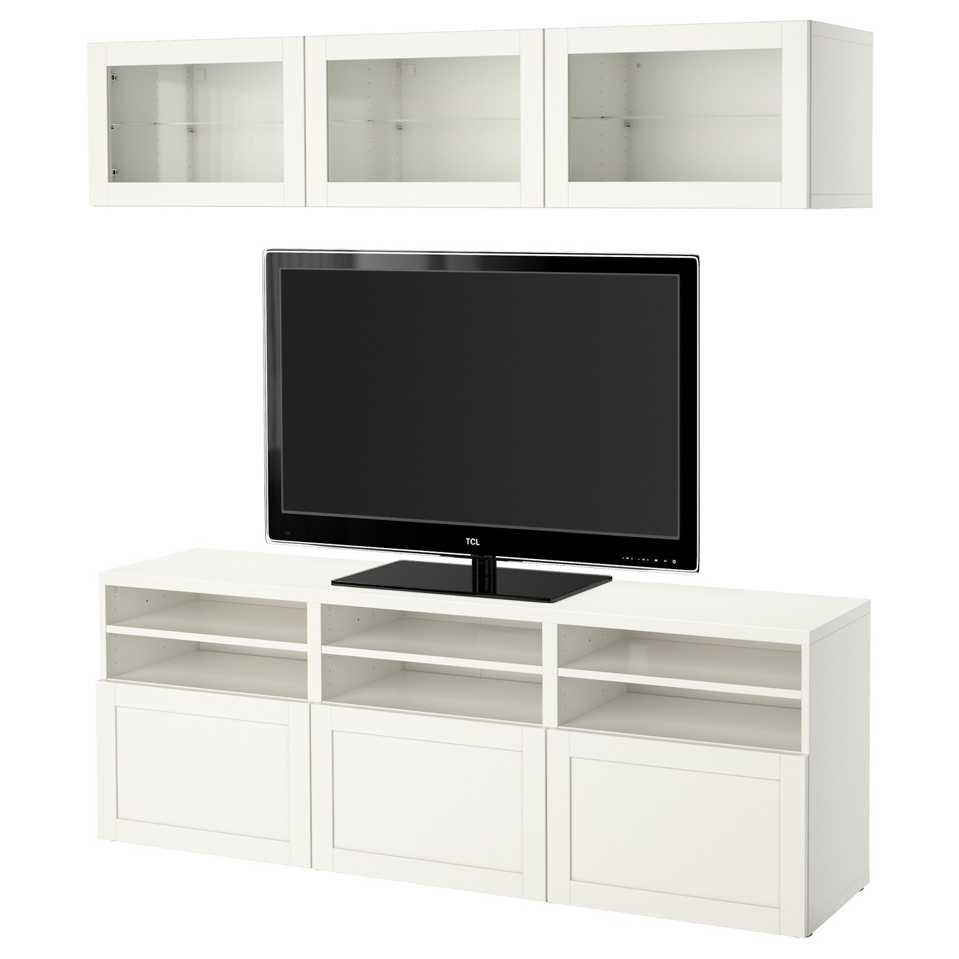 IKEA BESTÅ kombinacja na TV/szklane drzwi, biały/Hanviken białe szkło przezroczyste, 180x42x192 cm
