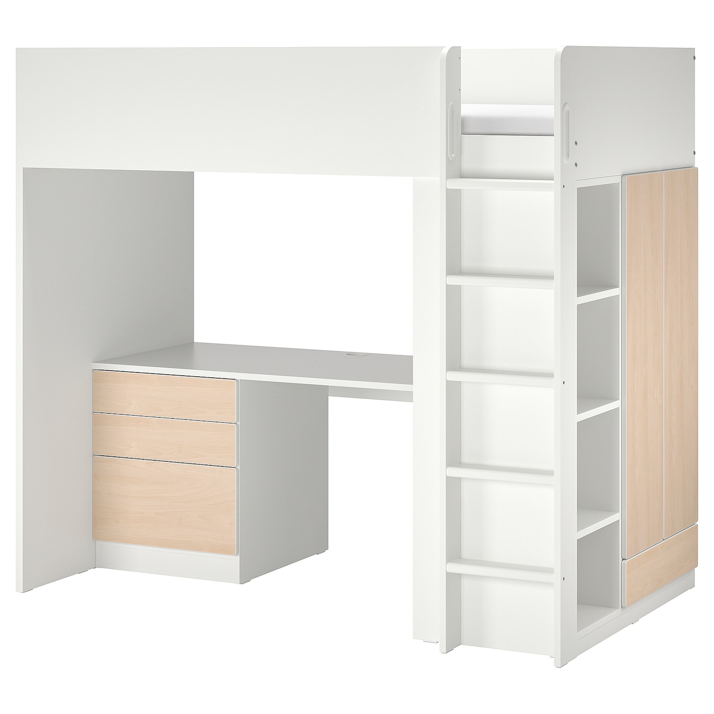IKEA SMÅSTAD łóżko na antresoli, biały brzoza/z biurkiem z 4 szufladami, 90x200 cm