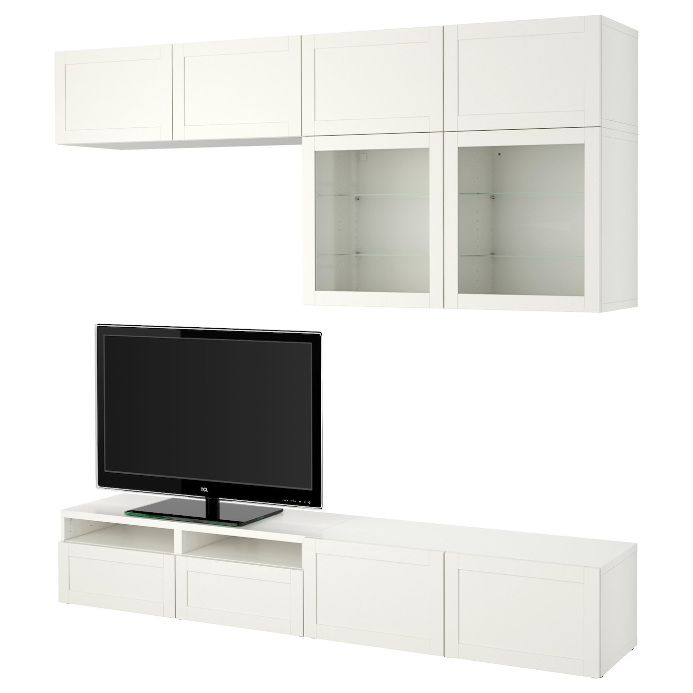 IKEA BESTÅ kombinacja na TV/szklane drzwi, biały/Hanviken białe szkło przezroczyste, 240x42x231 cm
