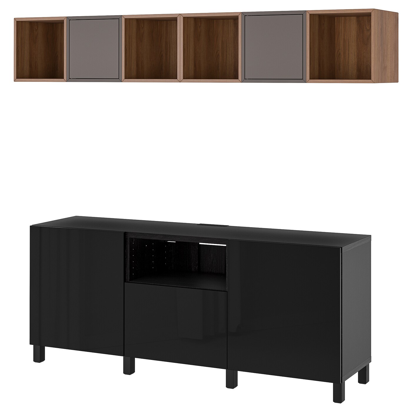IKEA BESTÅ / EKET kombinacja szafek pod TV, czarnybrąz ciemnoszary/orzech, 210x42x220 cm