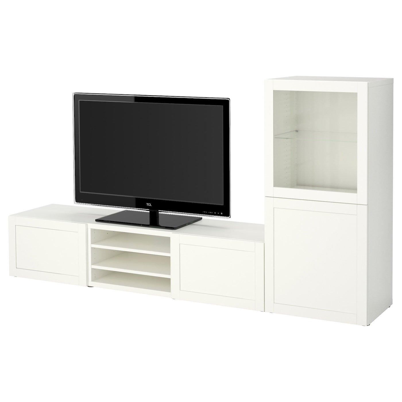 IKEA BESTÅ kombinacja na TV/szklane drzwi, biały/Hanviken białe szkło przezroczyste, 240x42x129 cm
