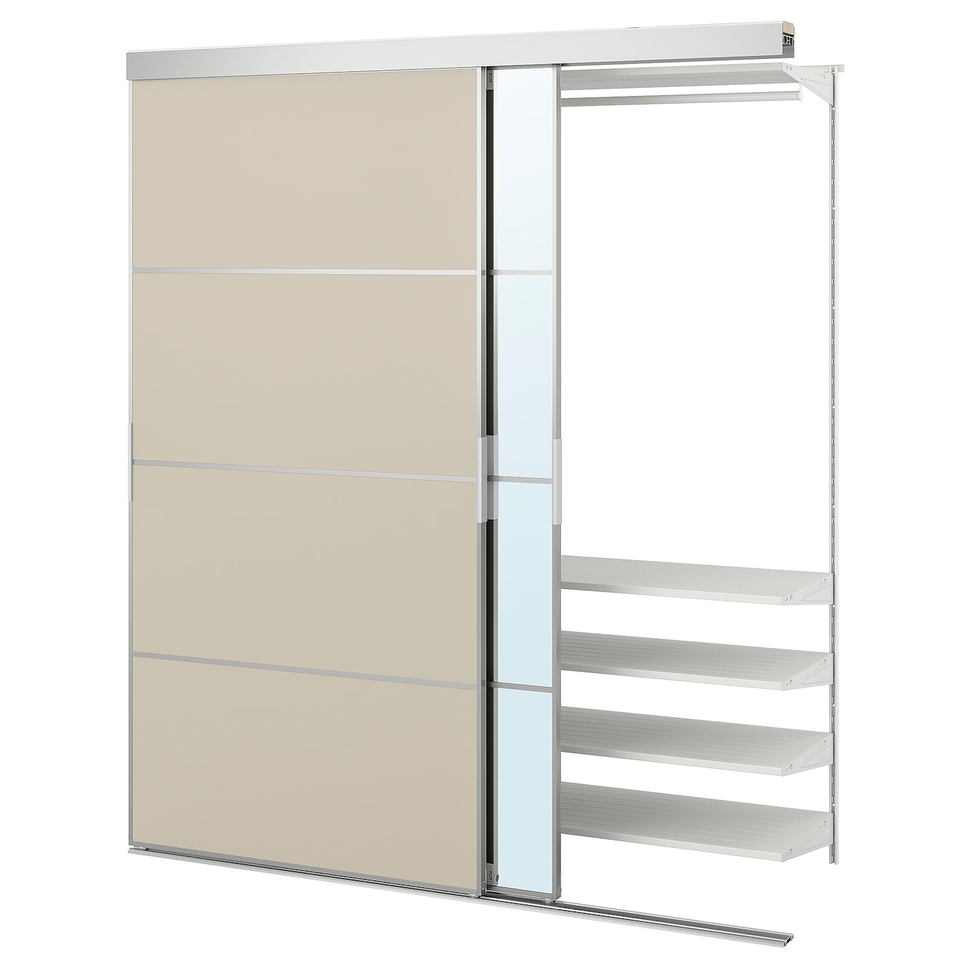 IKEA SKYTTA / BOAXEL szafa z drzwiami przesuwnymi, aluminium Mehamn/Auli/szarobeżowy lustro, 177x65x205 cm