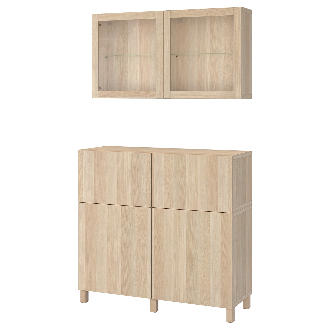 IKEA BESTÅ kombinacja regałowa z drzw/szuf, imitacja dębu bejcowanego na biało/Lappviken/Stubbarp dąb bejcowany biało szk bezbarwne, 120x42x213 cm