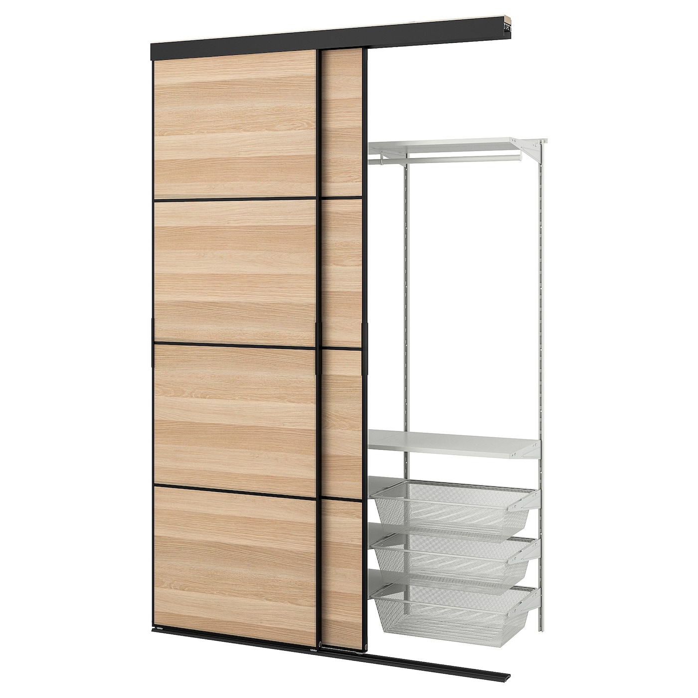 IKEA SKYTTA / BOAXEL szafa z drzwiami przesuwnymi, czarny 2str/Mehamn imitacja dębu bejcowanego na biało, 152x65x240 cm