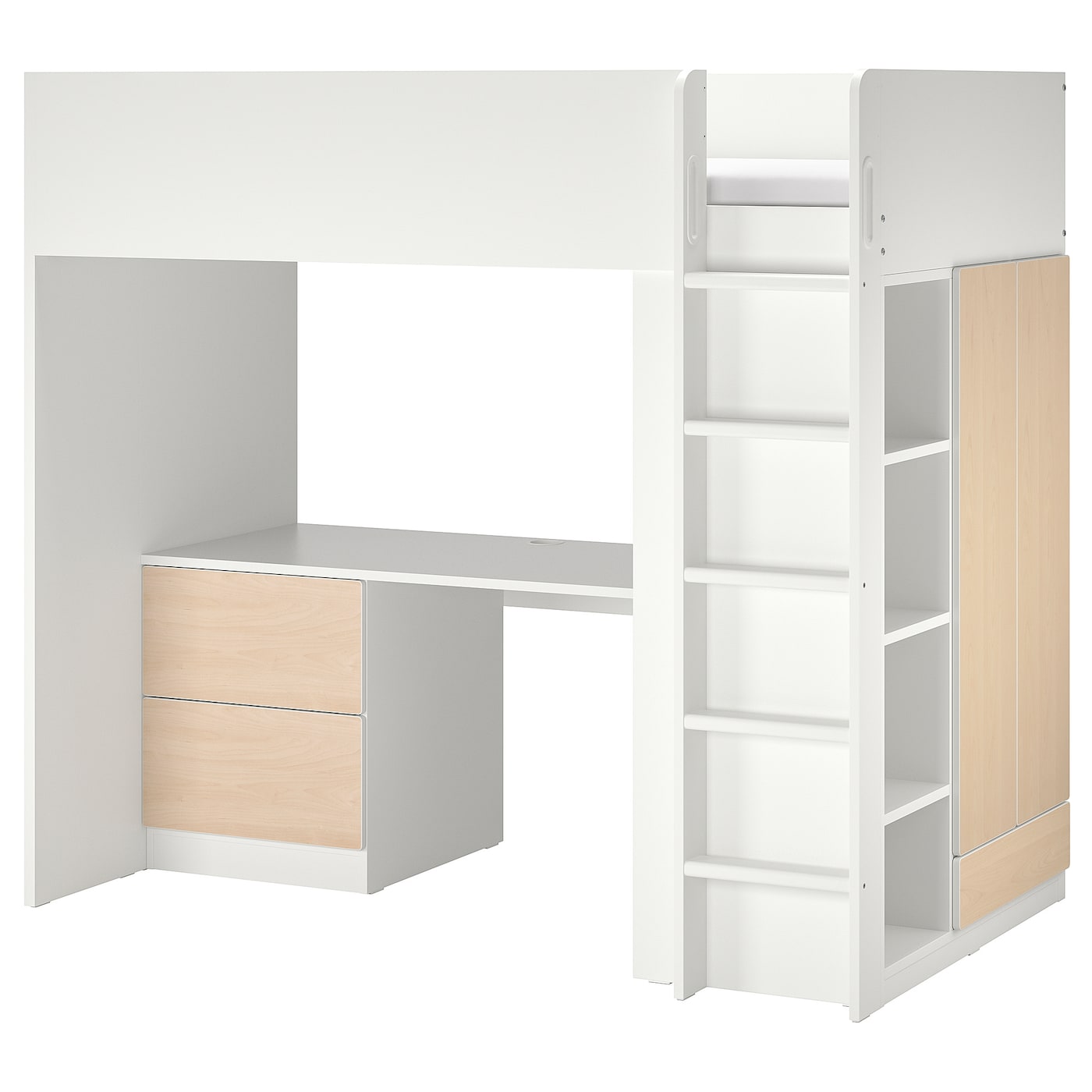 IKEA SMÅSTAD łóżko na antresoli, biały brzoza/z biurkiem z 3 szufladami, 90x200 cm