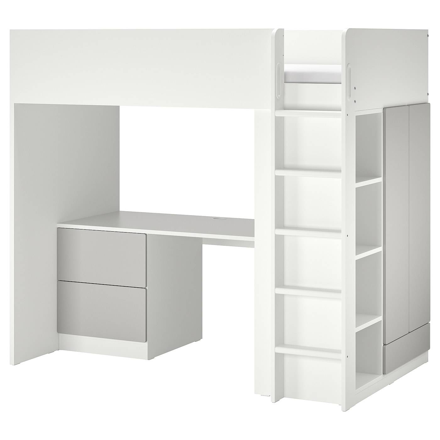 IKEA SMÅSTAD łóżko na antresoli, biały szary/z biurkiem z 3 szufladami, 90x200 cm