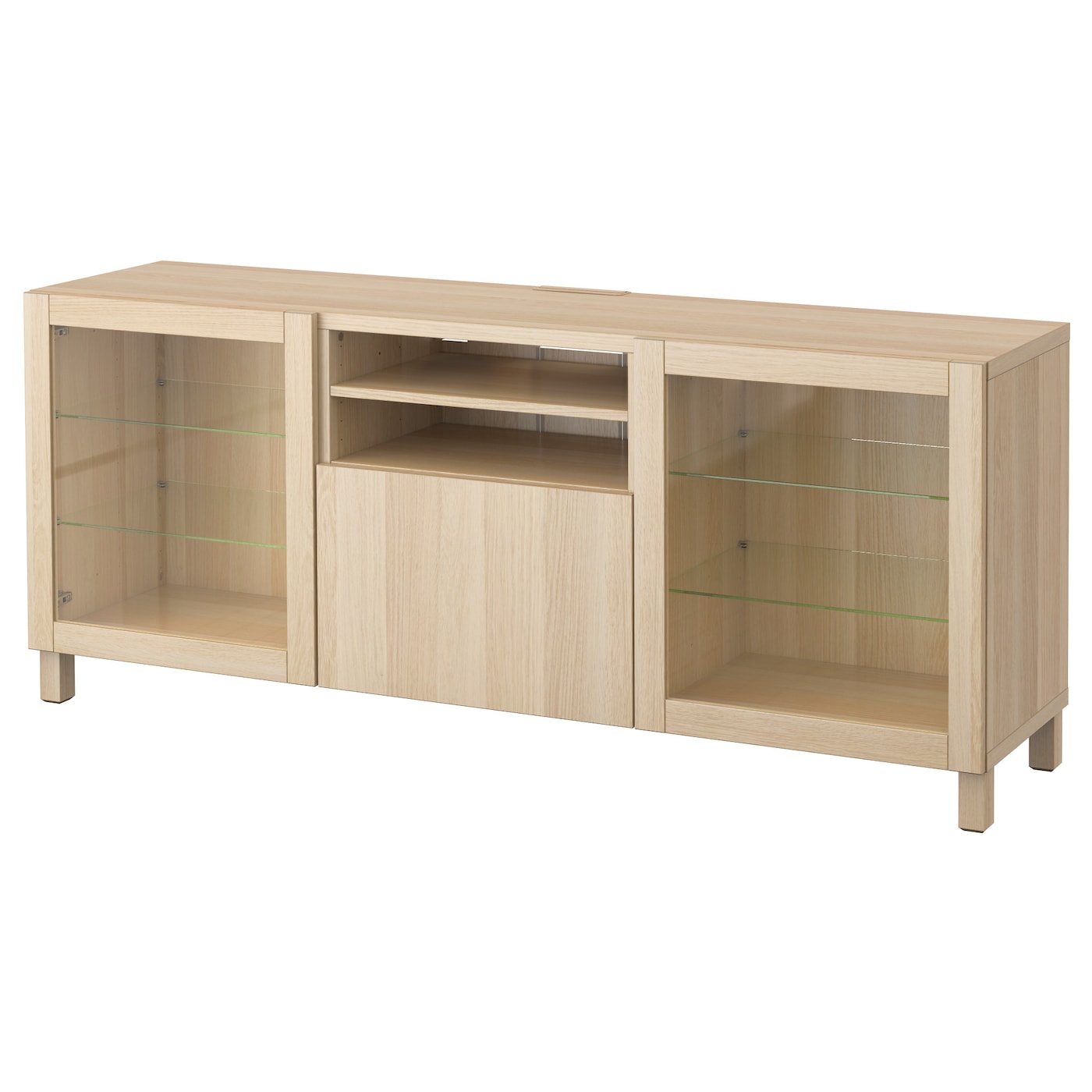 IKEA BESTÅ ława TV z szufladami, Lappviken/Sindvik dąb bejcowany biało szk bezbarwne, 180x42x74 cm