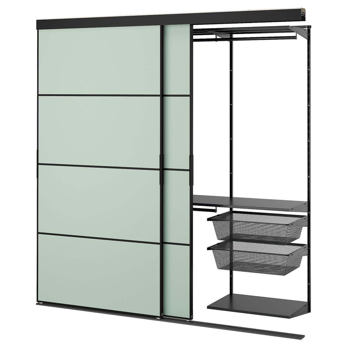 IKEA SKYTTA / BOAXEL szafa z drzwiami przesuwnymi, czarny metal/Mehamn jasnozielony, 202x65x205 cm