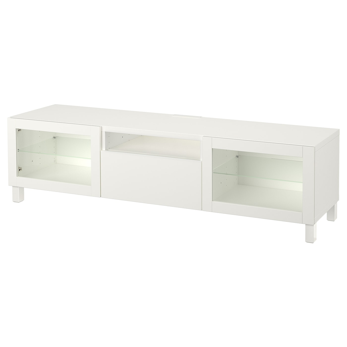 IKEA BESTÅ szafka pod TV, biały/Lappviken/Stubbarp białe szkło przezroczyste, 180x42x48 cm