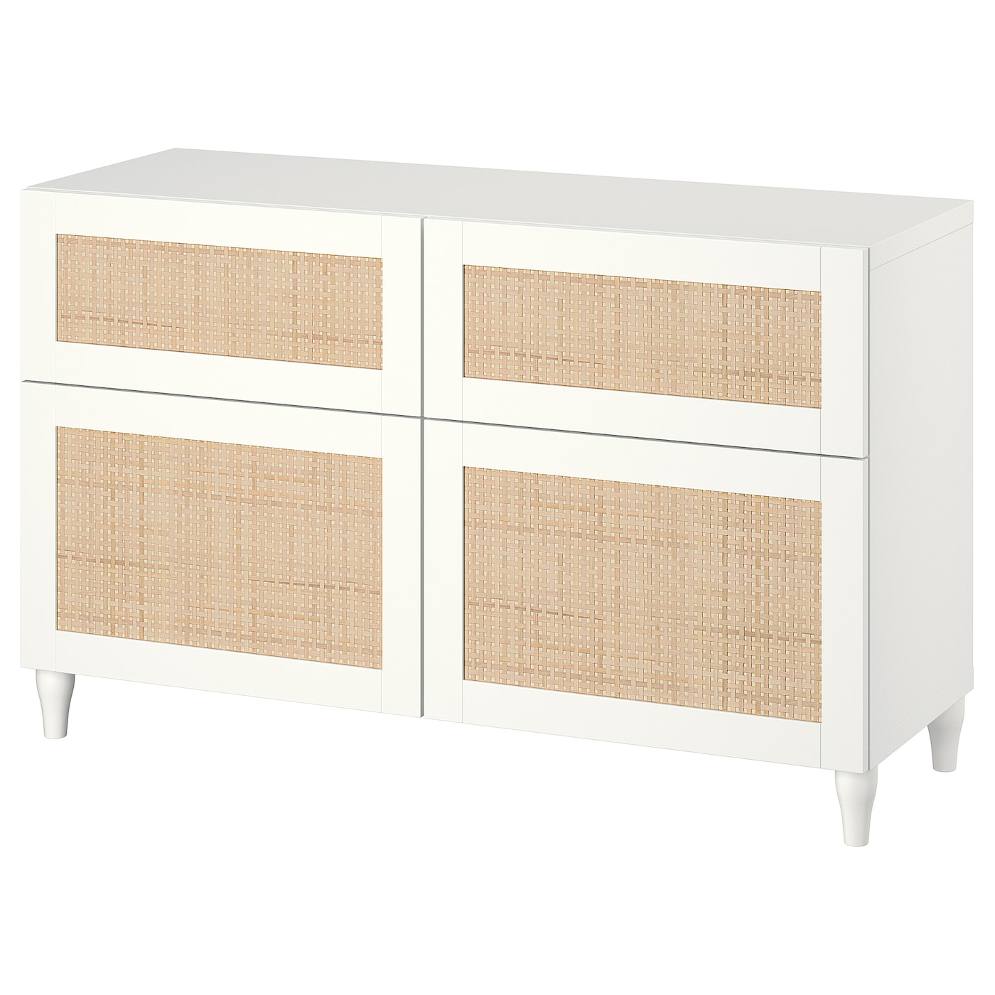 IKEA BESTÅ kombinacja regałowa z drzw/szuf, biały Studsviken/Kabbarp/biały wyplatana topola, 120x42x74 cm