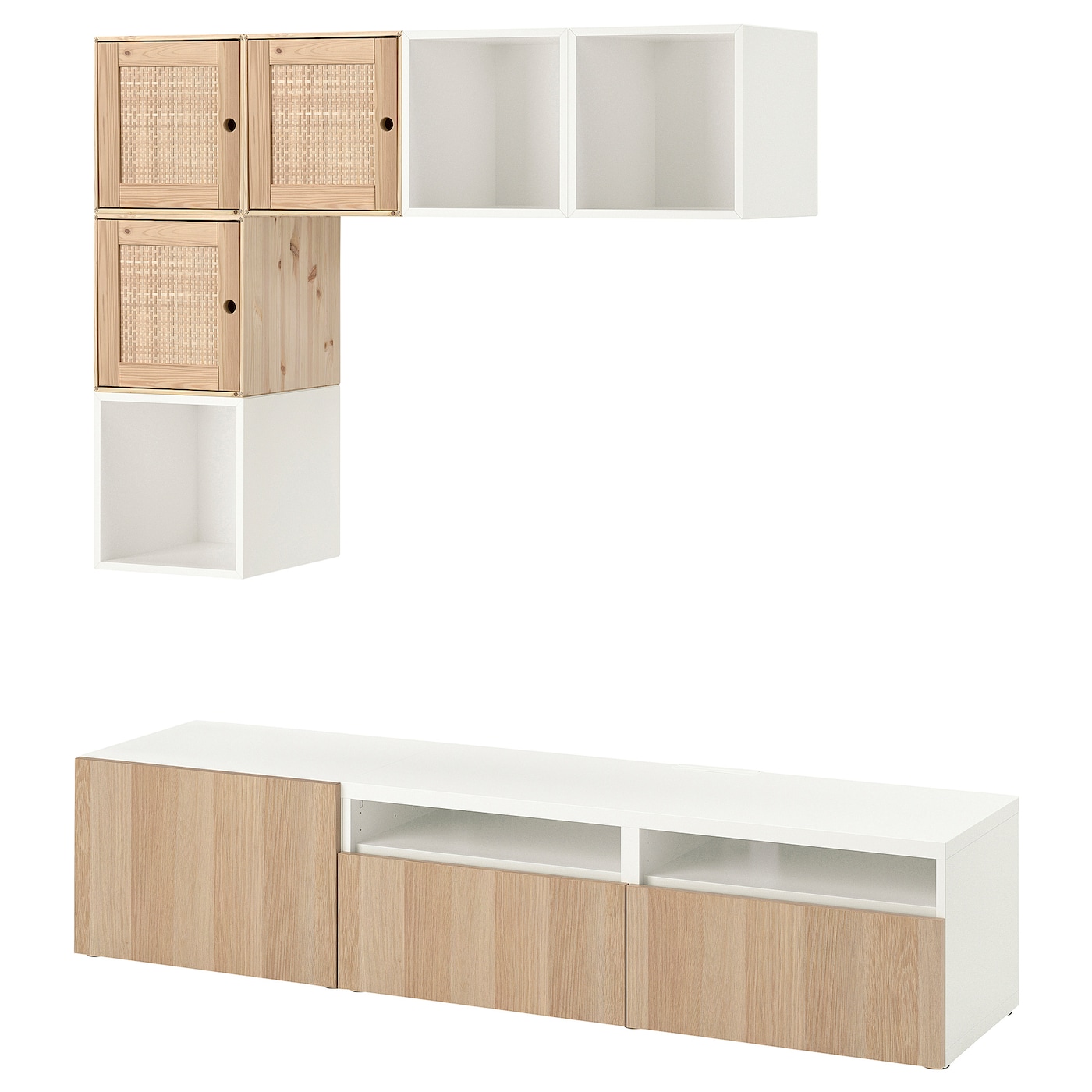 IKEA BESTÅ / EKET kombinacja szafek pod TV, biały/sosna, 180x42x170 cm