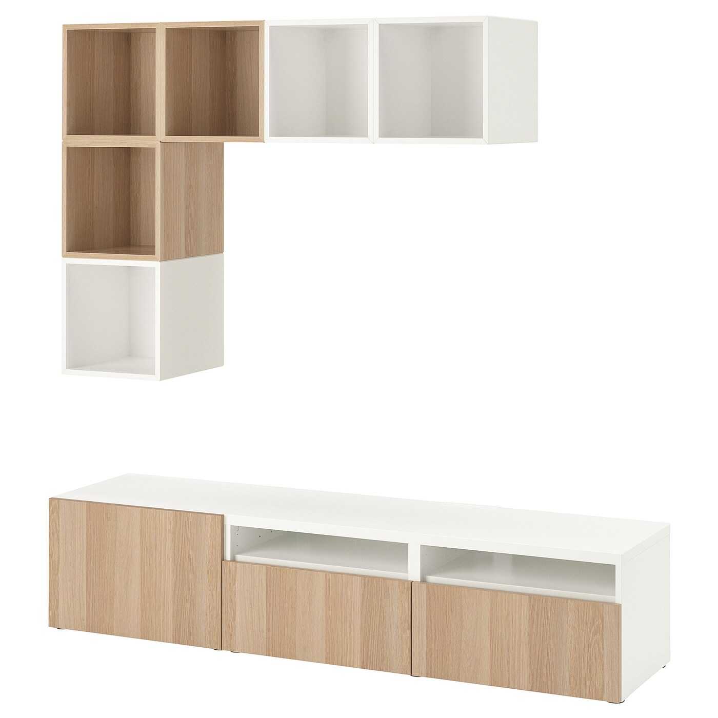 IKEA BESTÅ / EKET kombinacja szafek pod TV, biały/imitacja dębu bejcowanego na biało, 180x42x170 cm