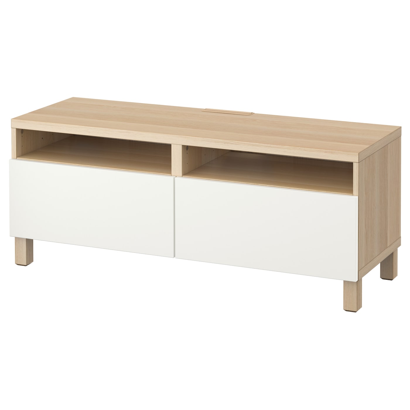 IKEA BESTÅ ława TV z szufladami, imitacja dębu bejcowanego na biało/Lappviken biały, 120x42x48 cm