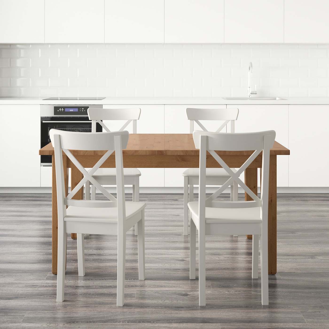 IKEA STORNÄS / INGOLF stół i 4 krzesła, bejca patynowa/biały, 147 cm