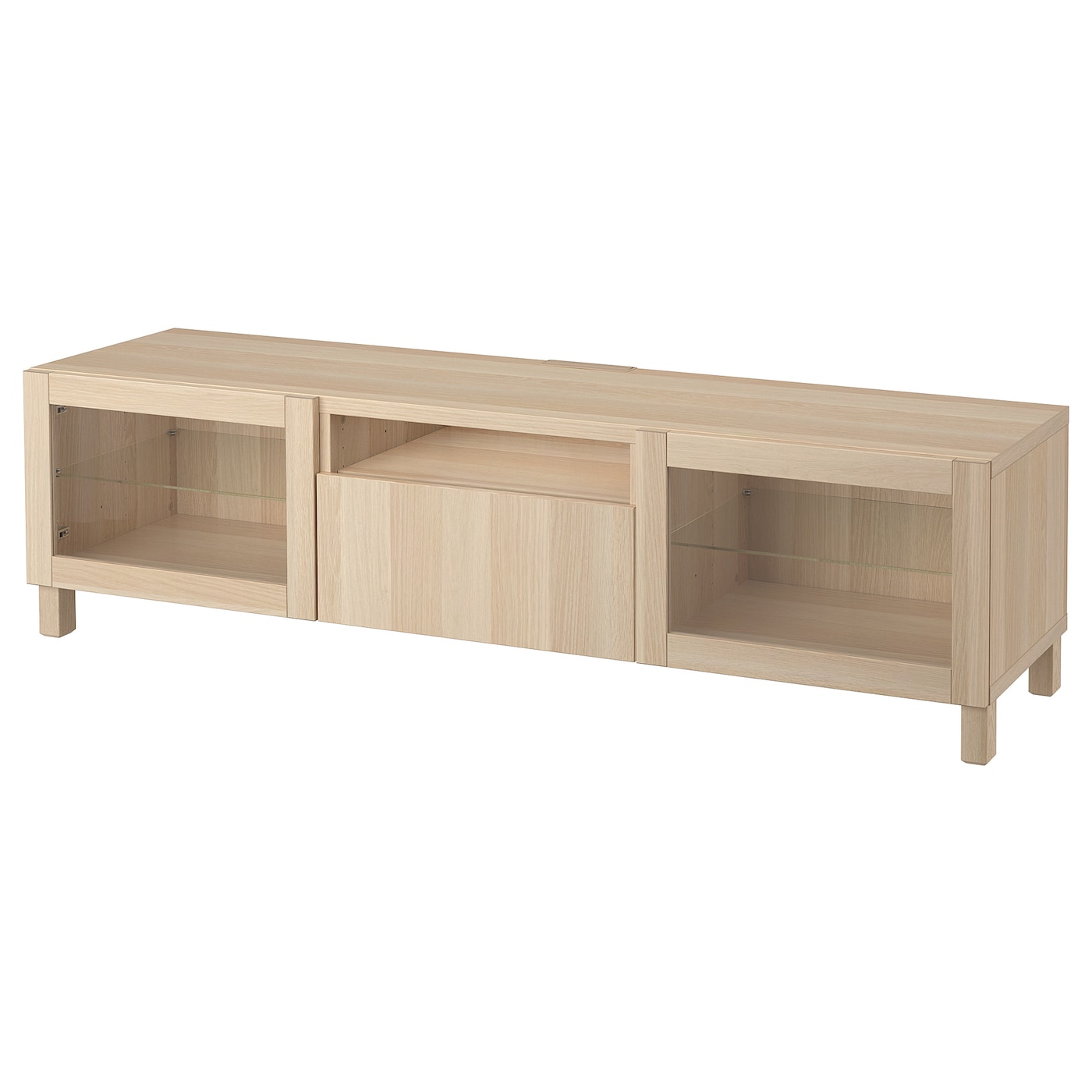 IKEA BESTÅ szafka pod TV, imitacja dębu bejcowanego na biało/Lappviken/Stubbarp dąb bejcowany biało szk bezbarwne, 180x42x48 cm