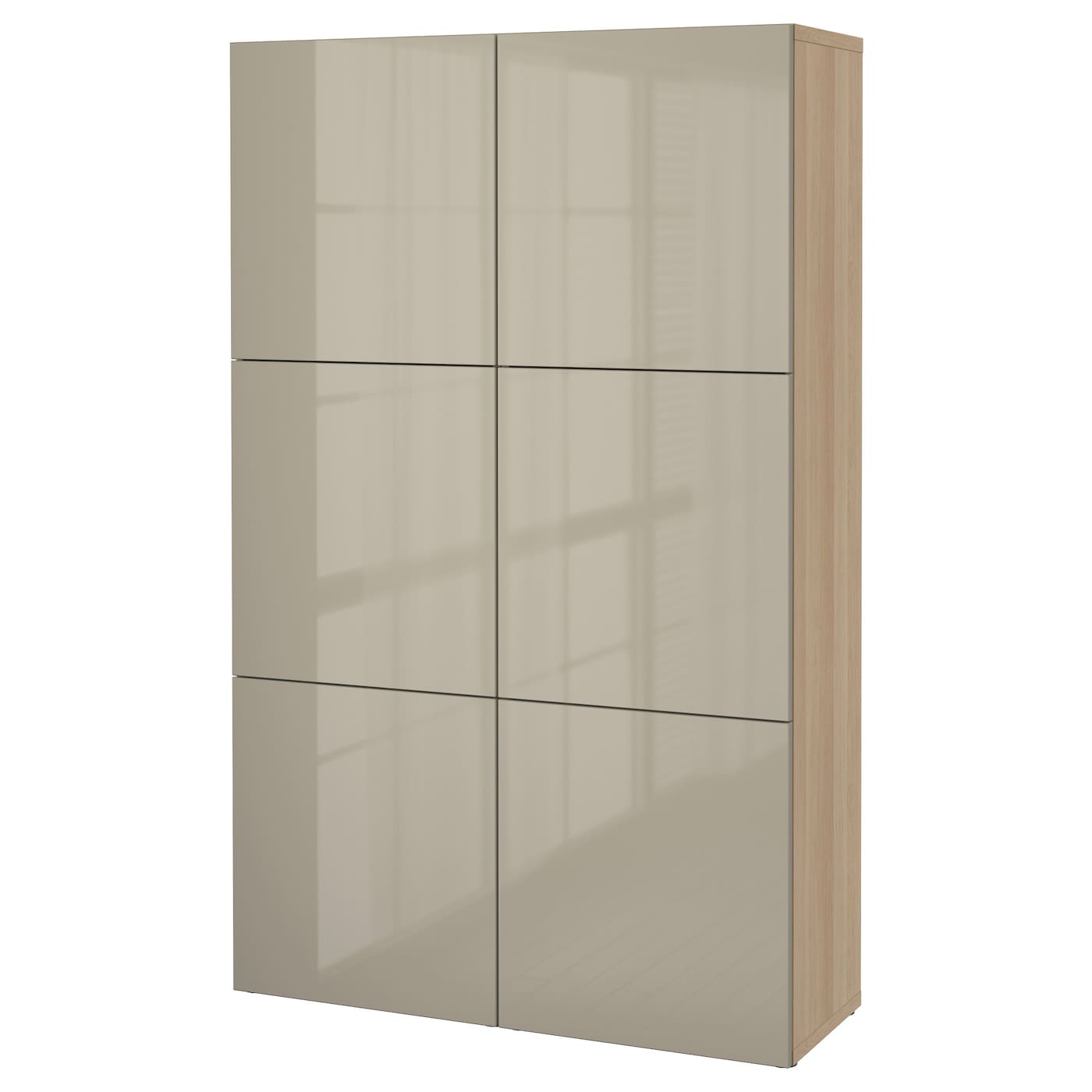 IKEA BESTÅ kombinacja z drzwiami, imitacja dębu bejcowanego na biało/Selsviken wysoki połysk beż, 120x42x193 cm
