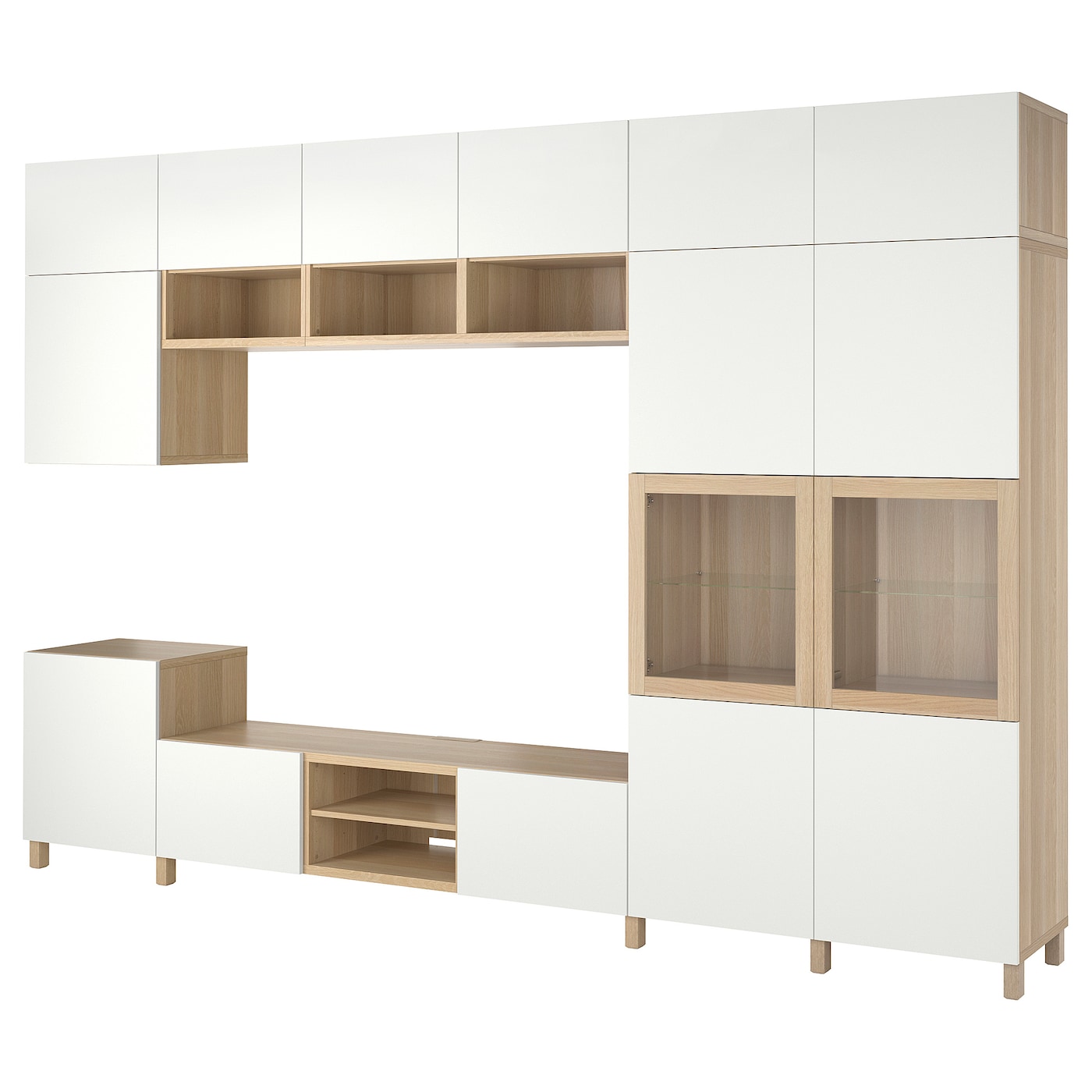 IKEA BESTÅ kombinacja na TV/szklane drzwi, okleina dębowa bejcowana na biało Lappviken/Sindvik szkło bezbarwne, 360x42x240 cm