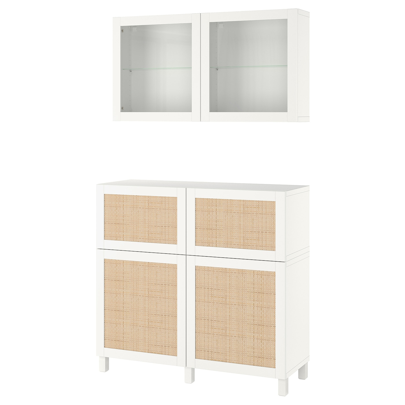 IKEA BESTÅ kombinacja regałowa z drzw/szuf, biały Studsviken/Stubbarp/biały wyplatana topola, 120x42x213 cm