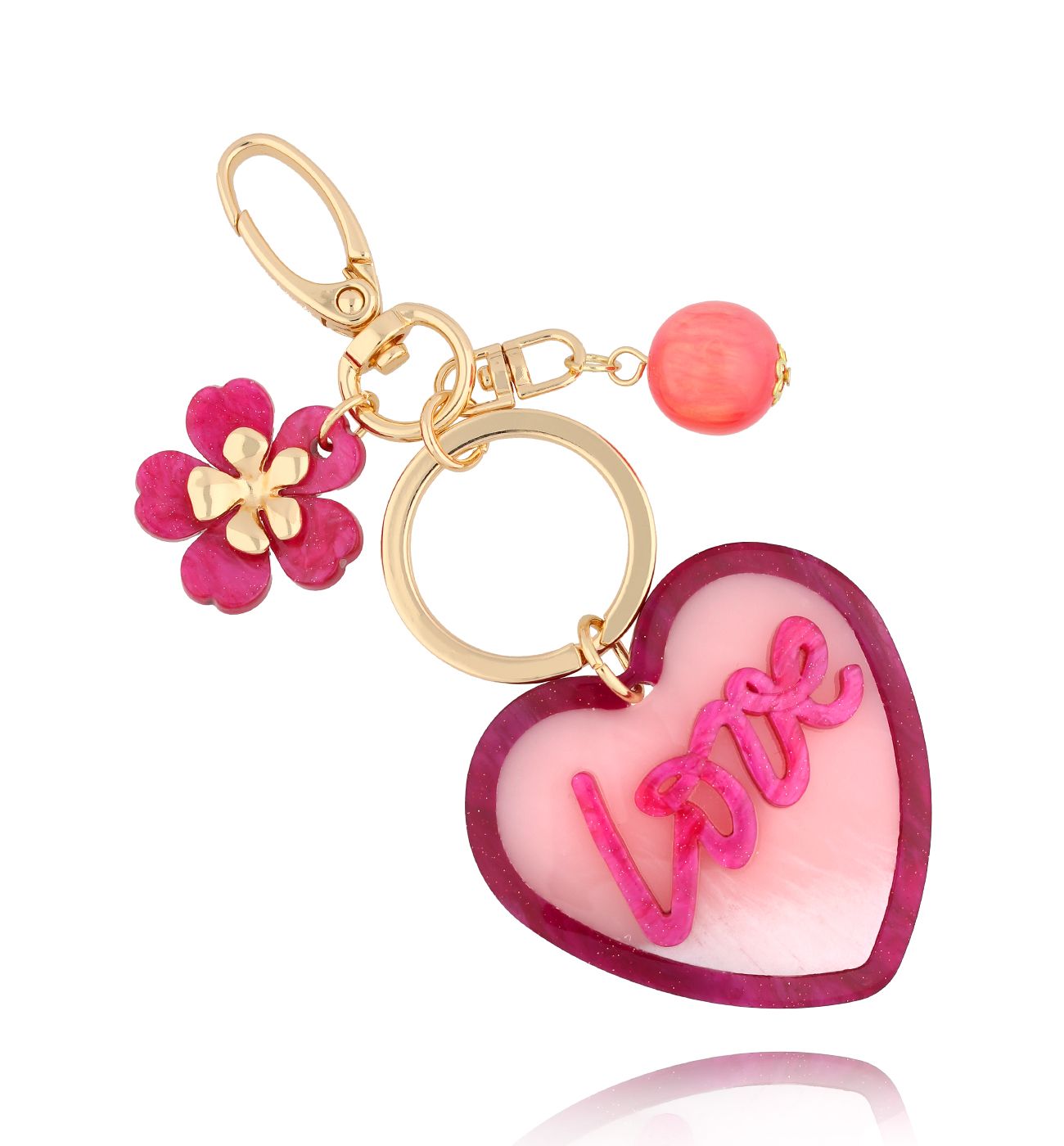 Brelok różowy z sercem i kwiatkiem Heart & FLower BREZA0067 - By Dziubeka