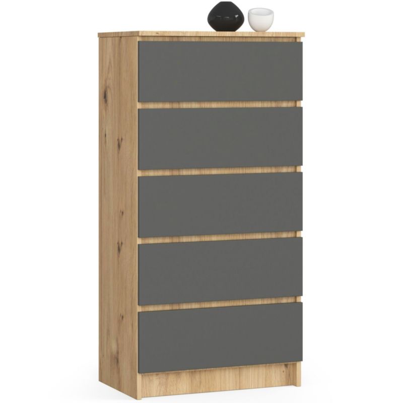 Komoda Akord K60 Dąb Artisan 60 cm 5 szuflad kolor Grafit Szary mat 60x40x121 cm 1 szt.