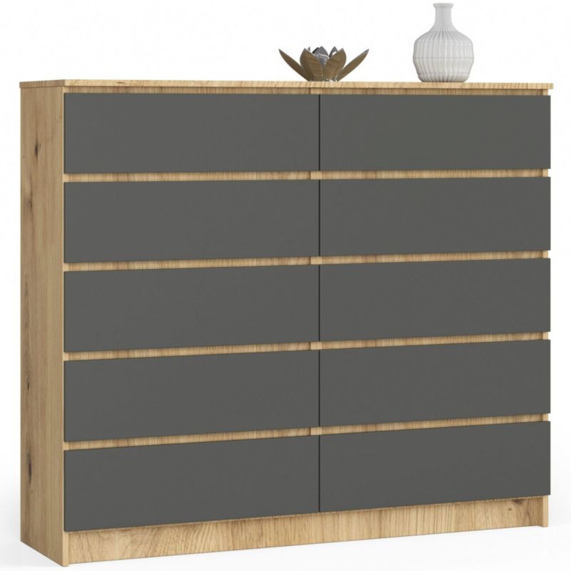 Komoda Akord K140 Dąb Artisan 138 cm 10 szuflad kolor Grafit Szary mat 138x40x121 cm 1 szt.