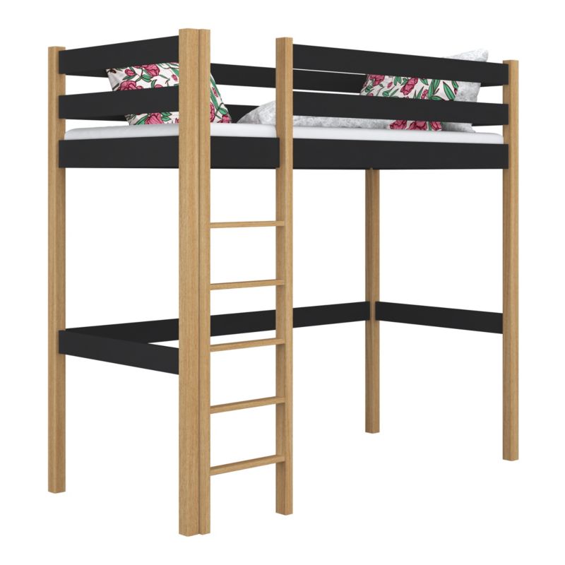 Drewniane łóżko na antresoli N-WOOD N05 80x180 czarny / dąb naturalny 1 szt.