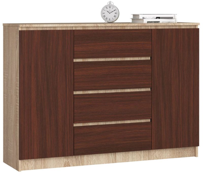 Komoda Akord K140 Dąb Sonoma 138 cm 2 drzwi 4 szuflady kolor Wenge mat 4 półki 138x40x99 cm 1 szt.