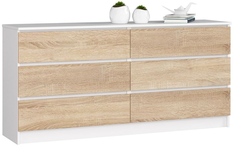 Komoda Akord K160 Biała 160 cm 6 szuflad kolor Dąb Sonoma mat 160x40x77 cm 1 szt.