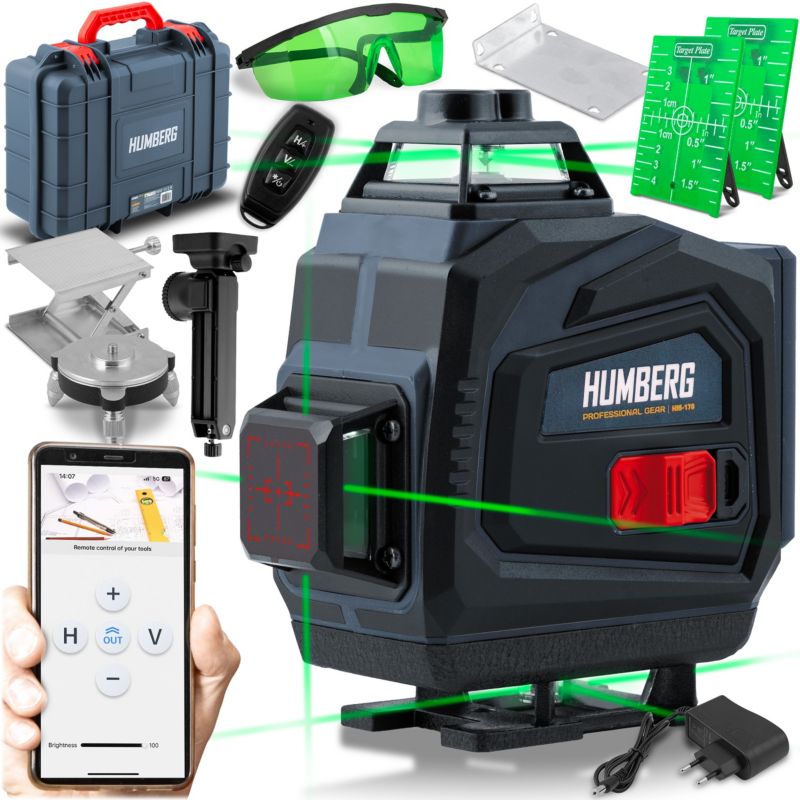 Poziomica laserowa Humberg laser krzyżowy 4D samopoziomujący 40m zestaw aplikacja 1 szt.
